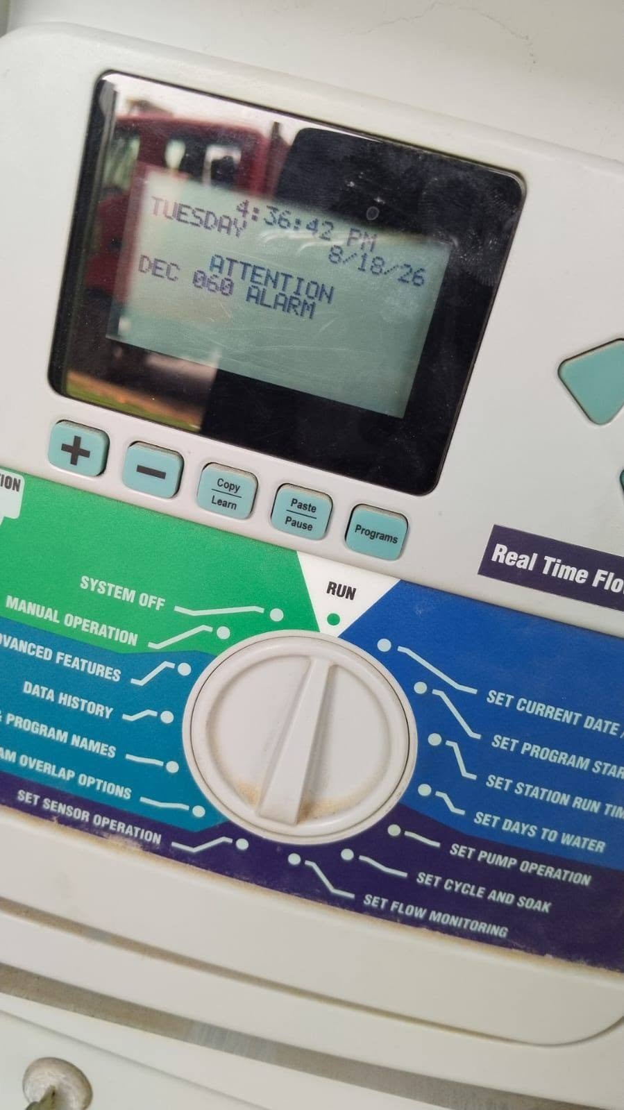 Irrigation controller diagnostic screen showing an alarm